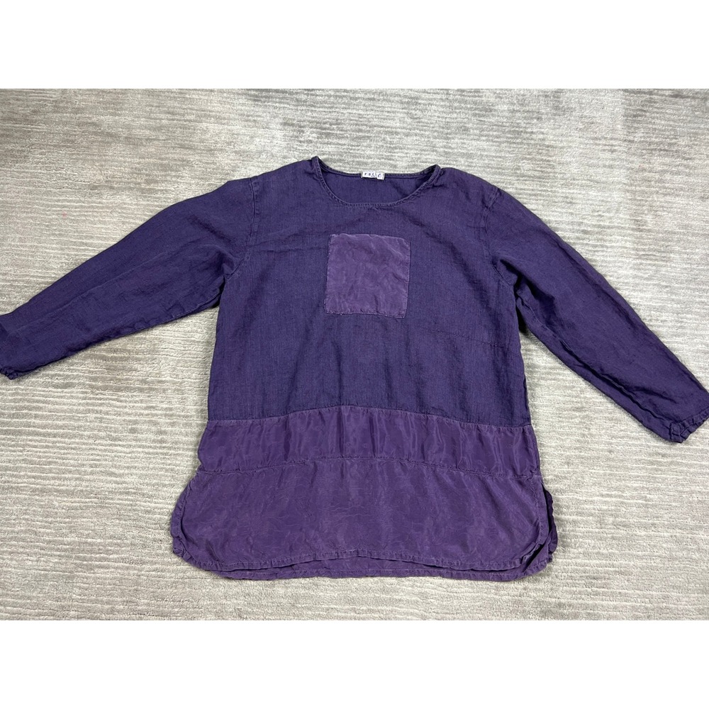 Focus 2000 Tunic Top Womens XL Purple Linen Silk Mixed Media Lagenlook Boho USA